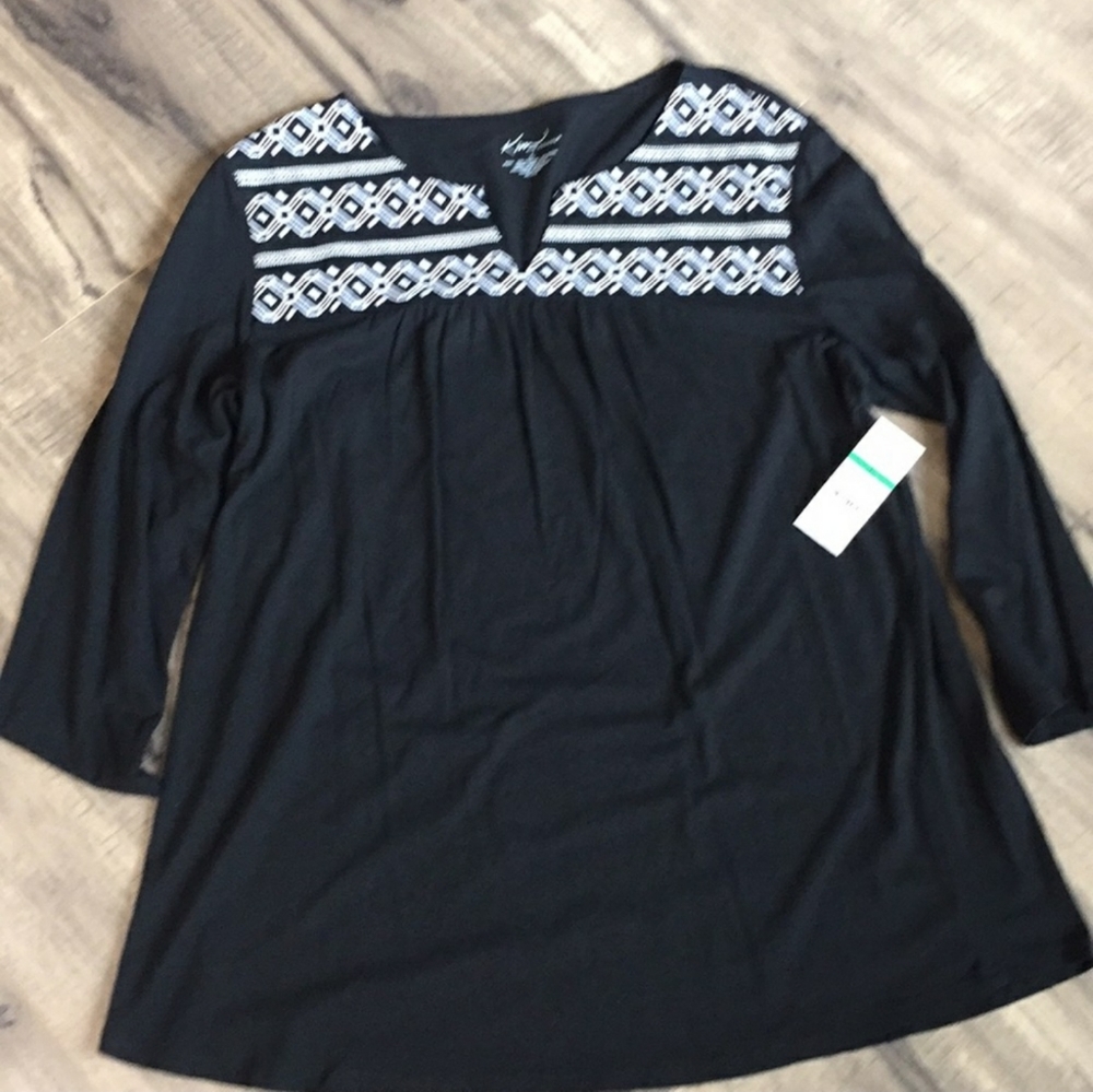Kim Rogers Black Long Sleeve Tunic with White Geometric Embroidery